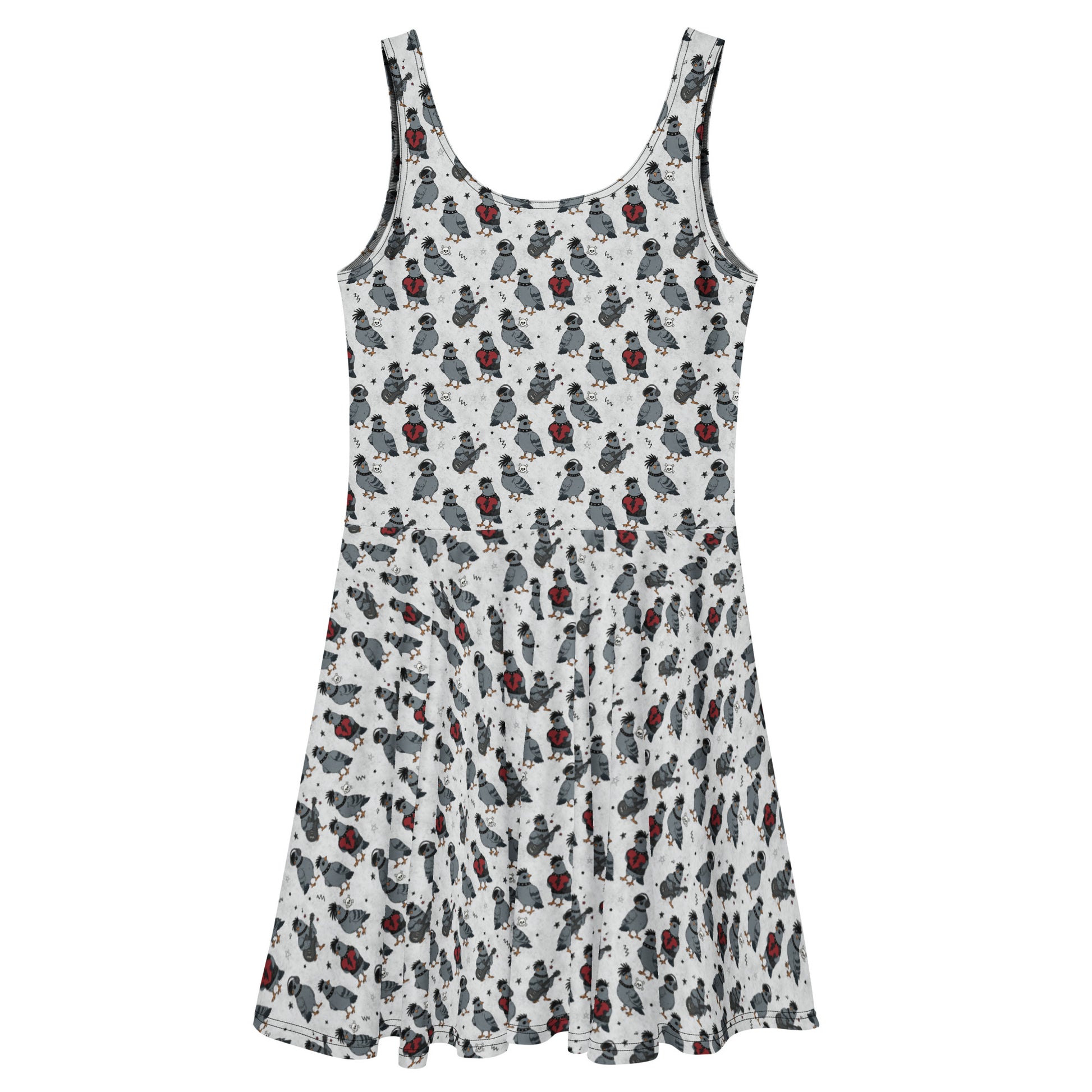 Emo Pigeons Recycled Skater Dress by Printful featuring all-over pigeon print on a white background, casual and stylish.