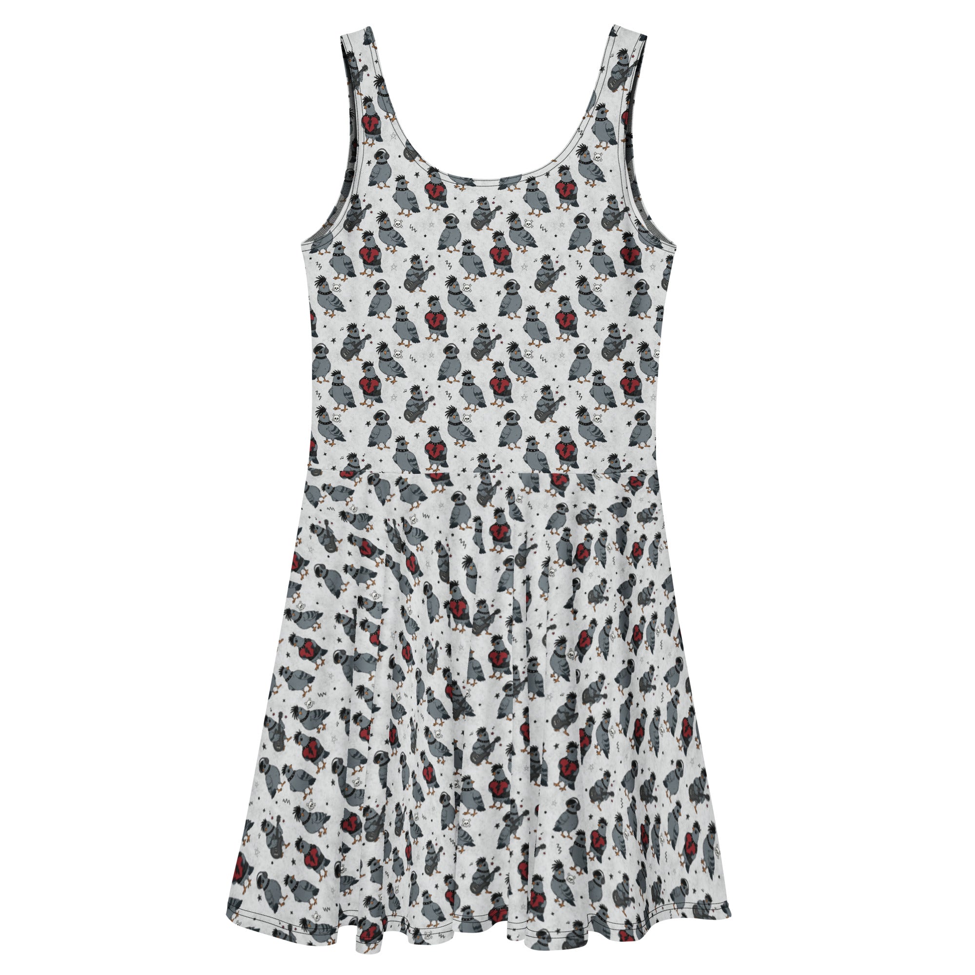 Emo Pigeons Recycled Skater Dress by Printful featuring all-over pigeon print on a white background, casual and stylish.
