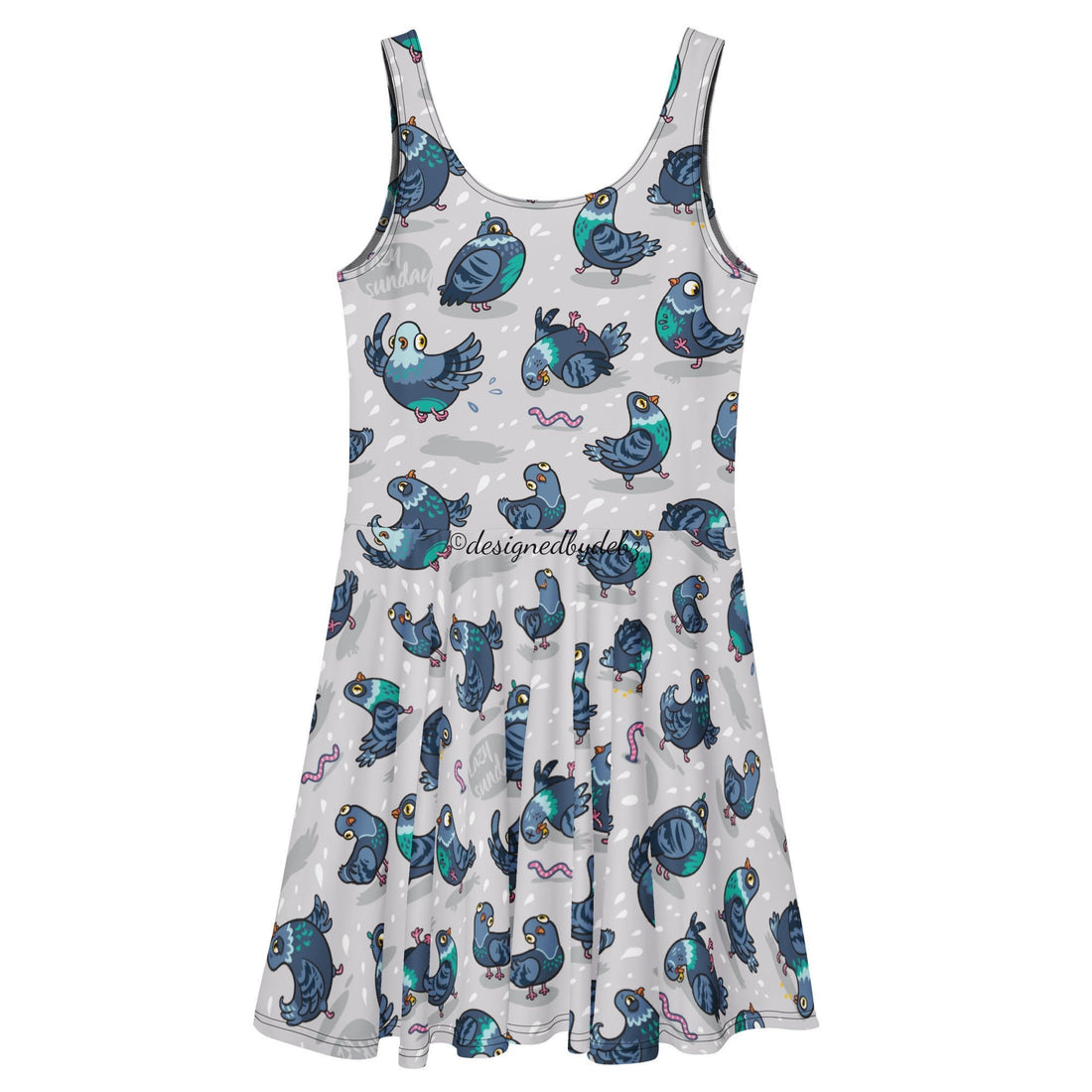 White all-over-print skater dress by Printful featuring playful pigeon illustrations on a casual, stylish dress.