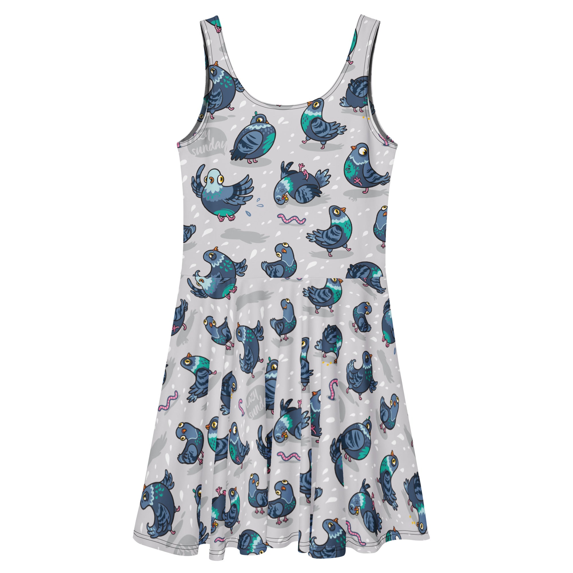 White all-over-print skater dress by Printful featuring playful pigeon illustrations on a casual, stylish dress.