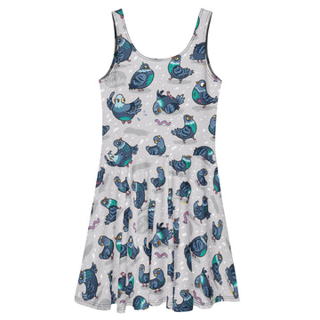 White all-over-print skater dress by Printful featuring playful pigeon illustrations on a casual, stylish dress.