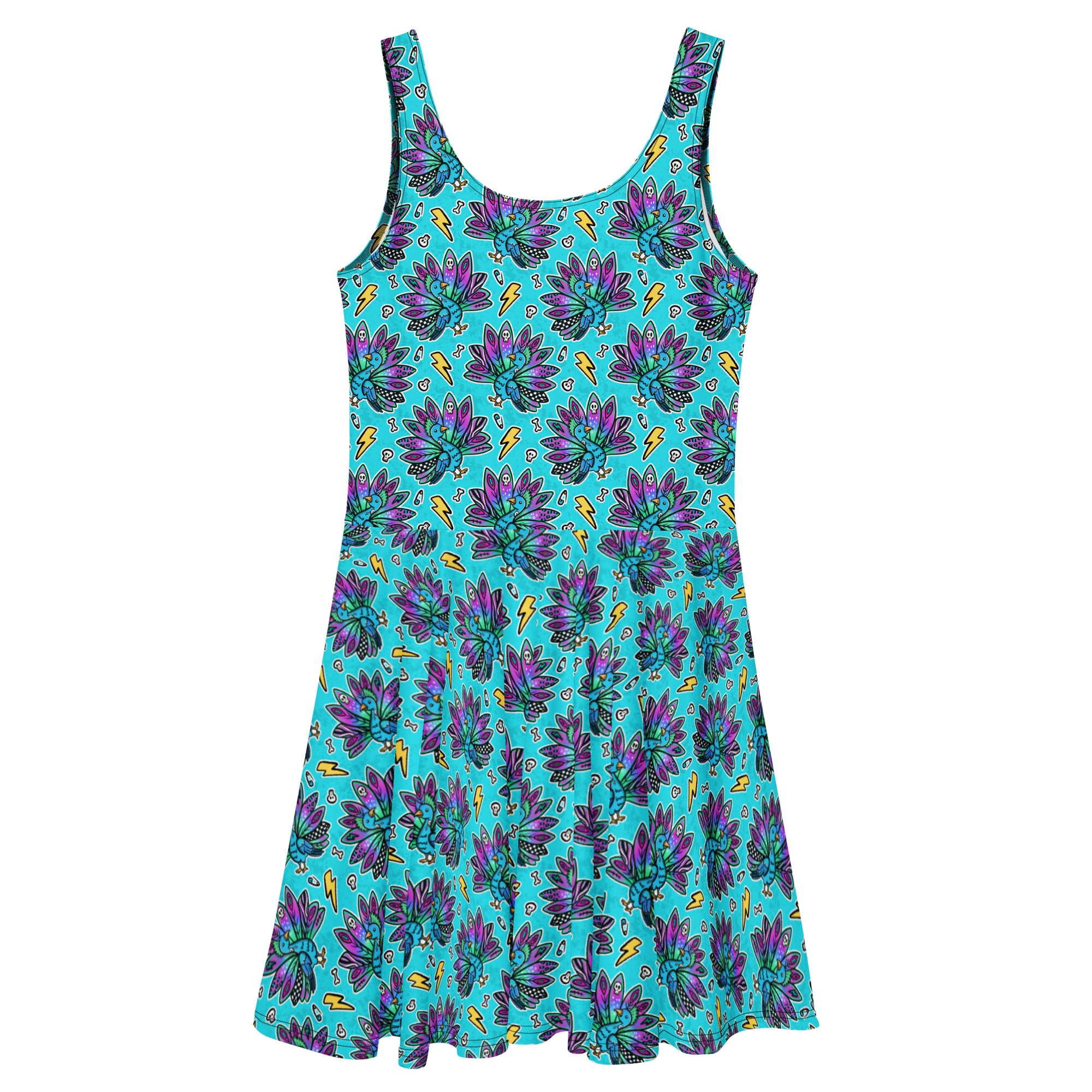 Peacock print skater dress by Designed By Debz, featuring an all-over colorful peacock feather pattern on a white background.