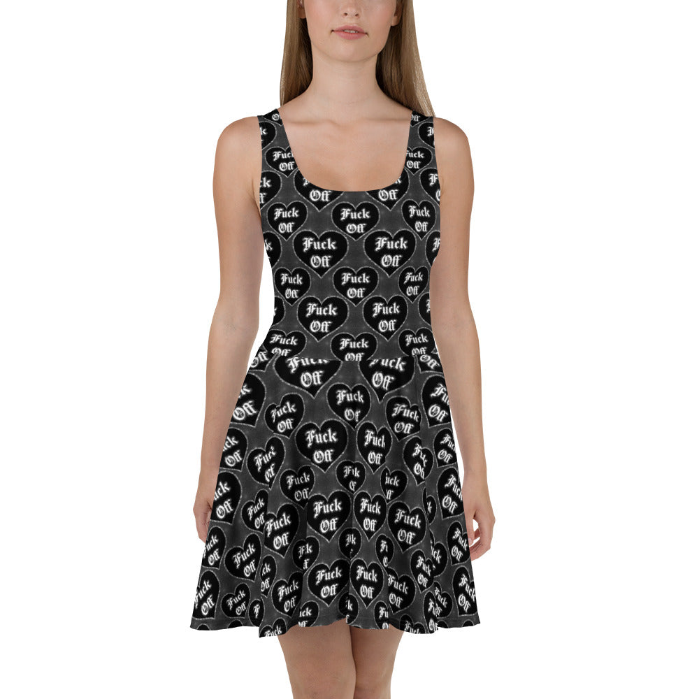 White all-over-print skater dress by Printful featuring bold "Fuck Off" graphic on the front.