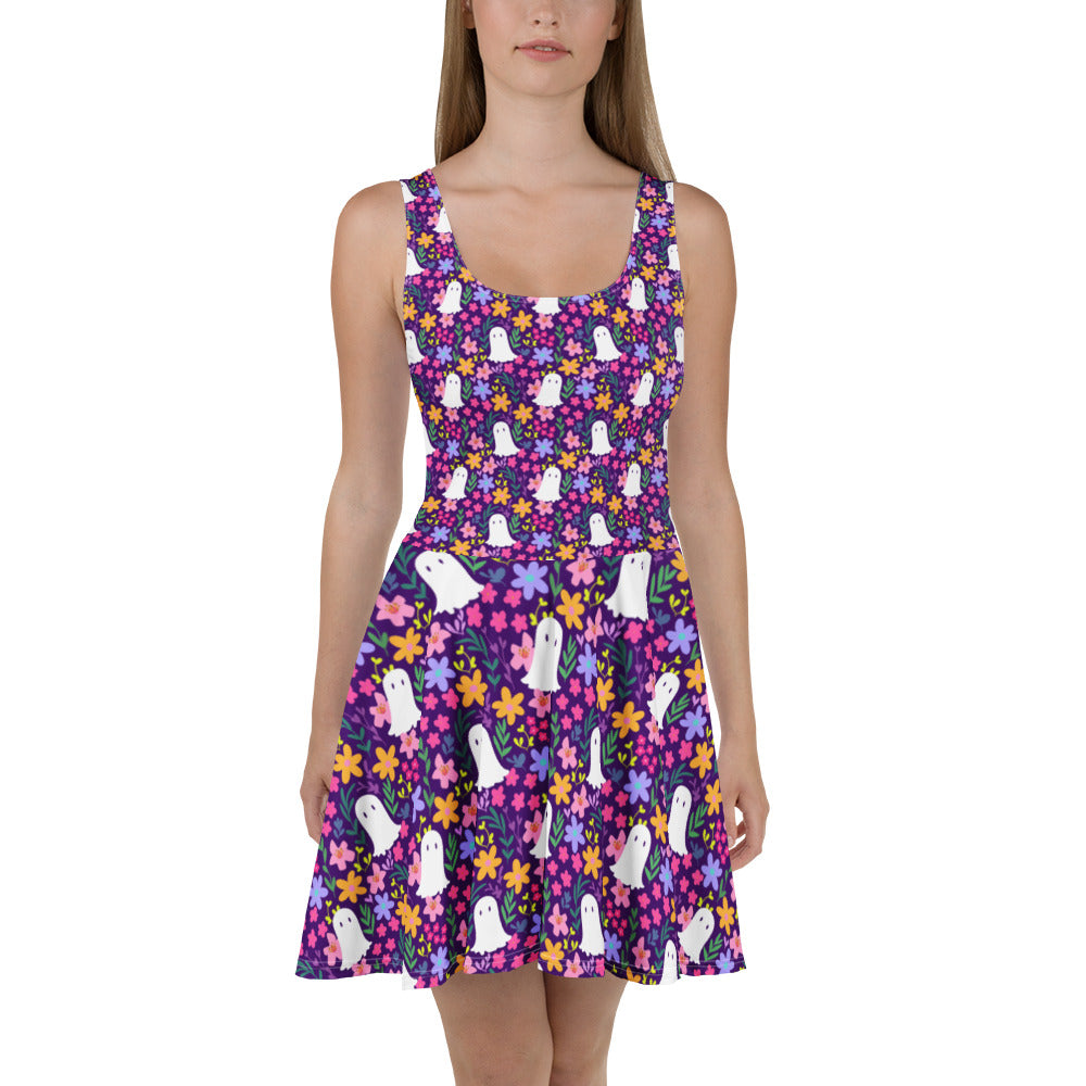 White Summer Boo Skater Dress by Printful, featuring all-over print, sleeveless design, and fitted waist for a stylish summer look.