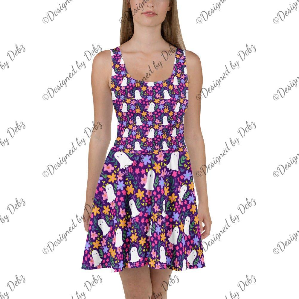 White Summer Boo Skater Dress by Printful, featuring all-over print, sleeveless design, and fitted waist for a stylish summer look.