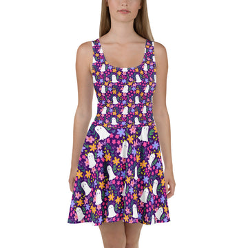 White Summer Boo Skater Dress by Printful, featuring all-over print, sleeveless design, and fitted waist for a stylish summer look.