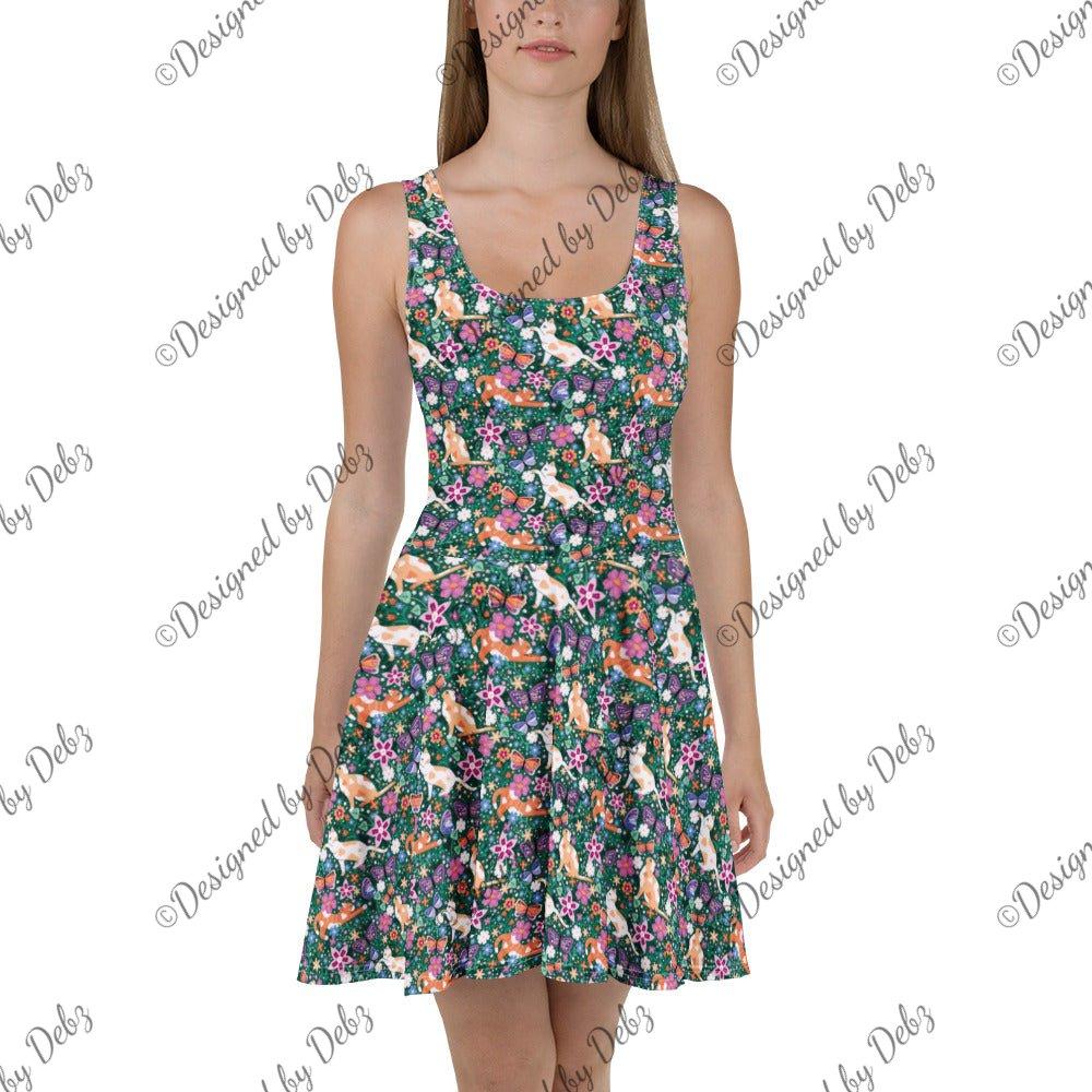 White Garden Familiar Skater Dress by Printful featuring cats and butterflies in an all-over print design.
