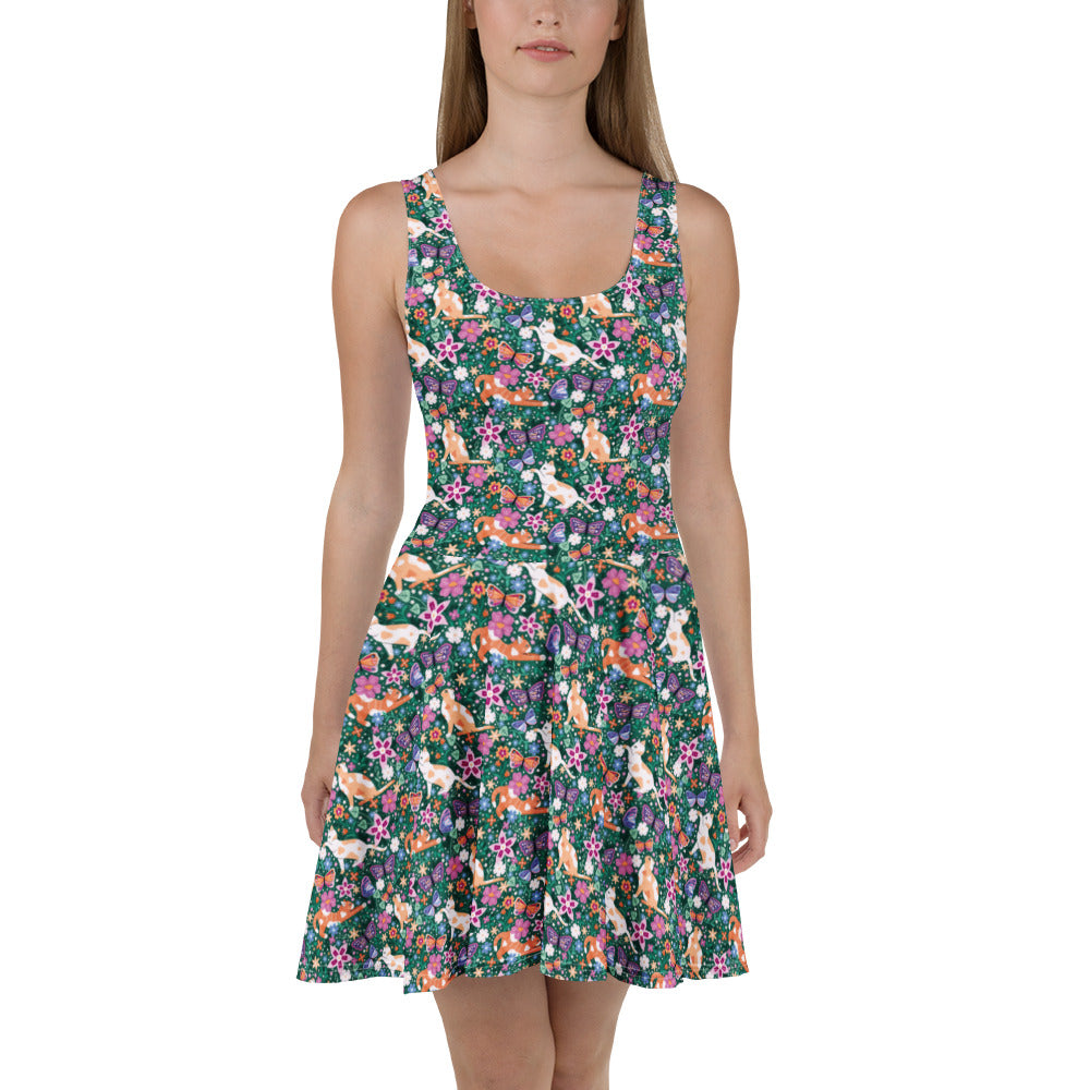 White Garden Familiar Skater Dress by Printful featuring cats and butterflies in an all-over print design.
