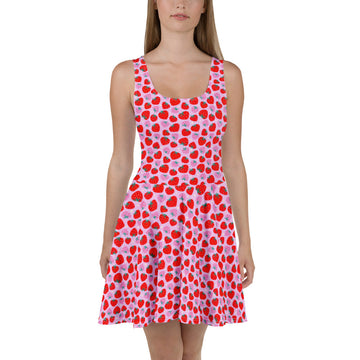 White Scrummy Strawberries Skater Dress by Printful featuring a colorful strawberry print on a flattering, all-over design.