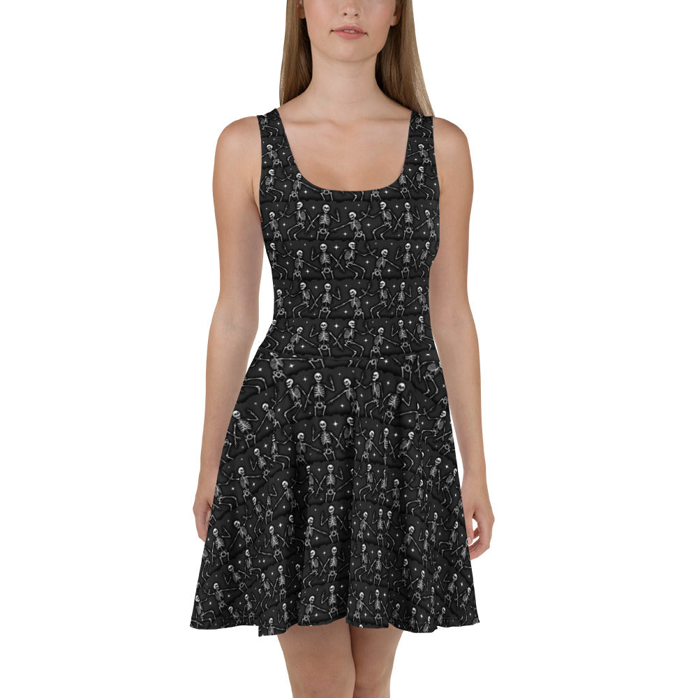 White Bone Dance Skater Dress by Printful featuring an all-over artistic print and a flattering fit, front view.