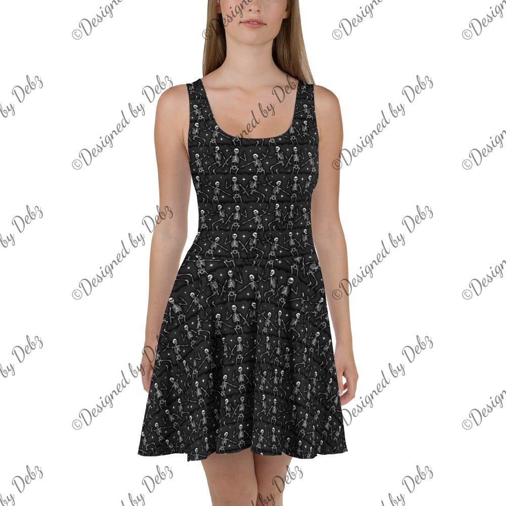 White Bone Dance Skater Dress by Printful featuring an all-over artistic print and a flattering fit, front view.