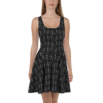 White Bone Dance Skater Dress by Printful featuring an all-over artistic print and a flattering fit, front view.