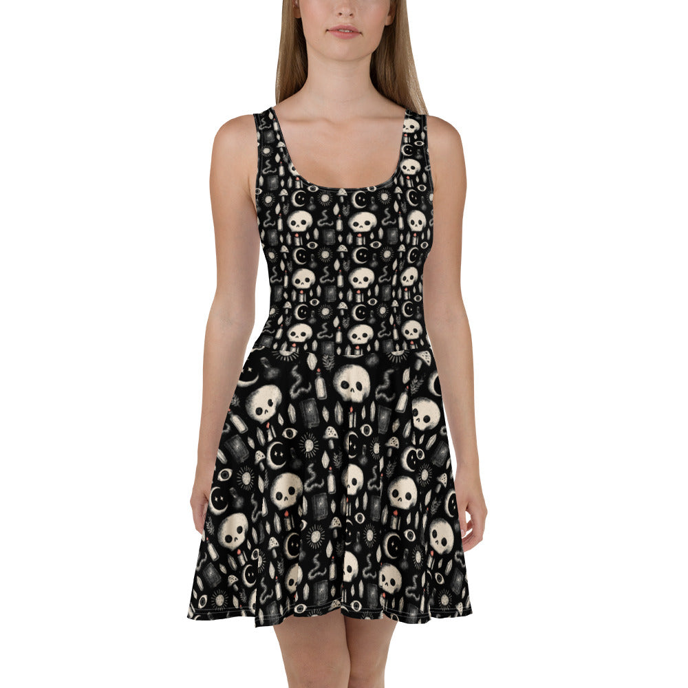 White Dark Occult Skater Dress with skull, snake, and toadstool print, made to order by Printful.
