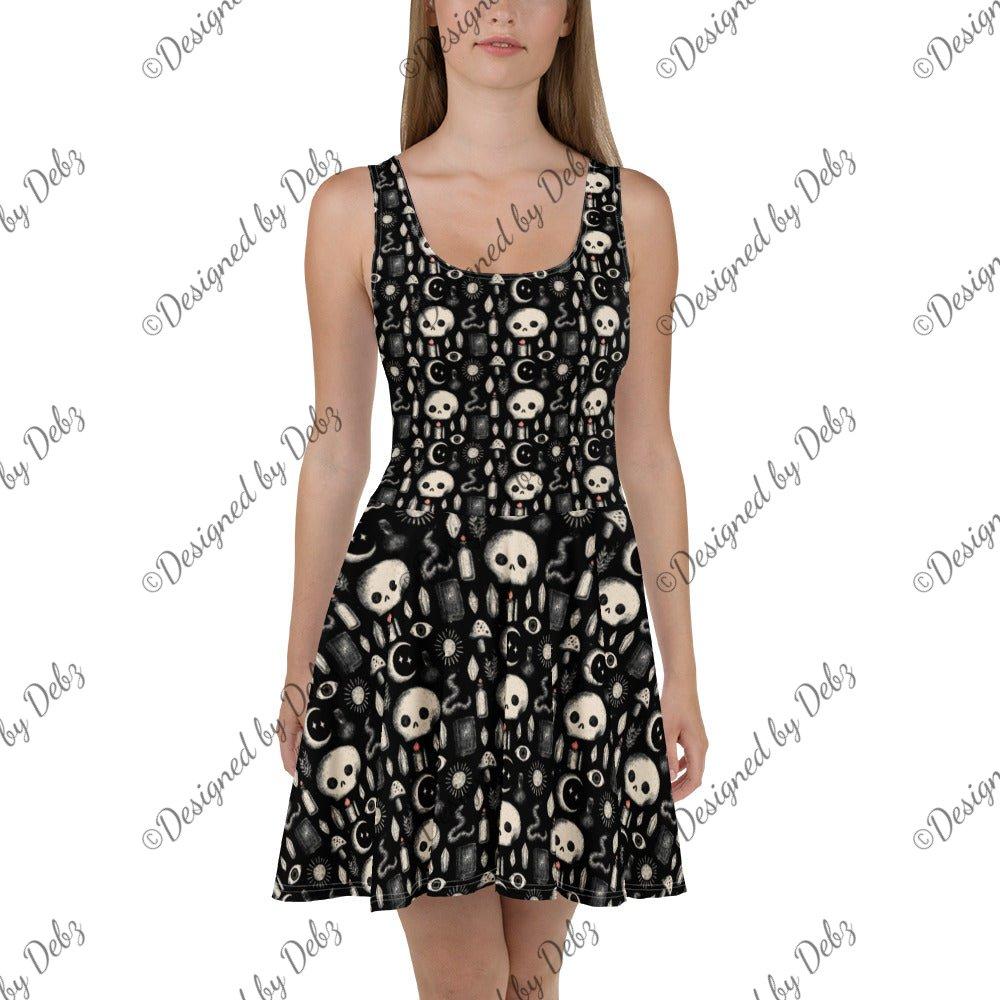 White Dark Occult Skater Dress with skull, snake, and toadstool print, made to order by Printful.