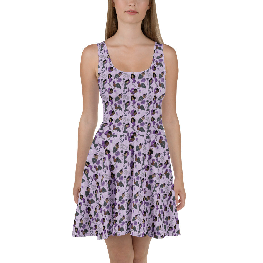 White all-over-print skater dress featuring merpeople design by Wilde Mode X Arkolina, made to order, brand Printful.