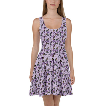 White all-over-print skater dress featuring merpeople design by Wilde Mode X Arkolina, made to order, brand Printful.