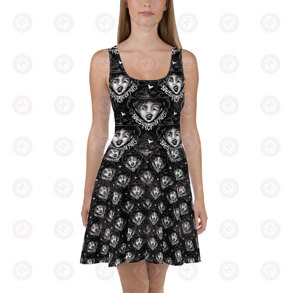 White Bats for Brains skater dress by Printful featuring all-over bat pattern and recycled fabric, front view.