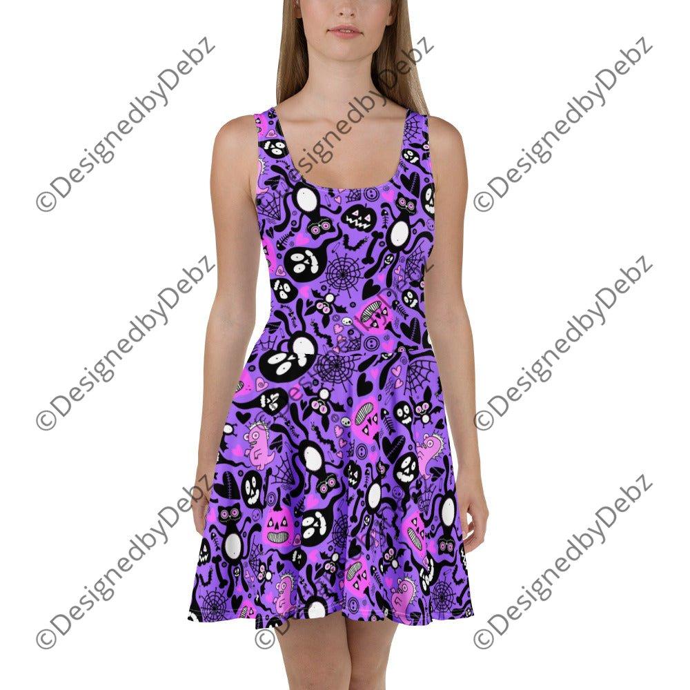 Purple Spooky Doodle Skater Dress by Designed By Debz with all-over print, front view, available in XS to 3XL sizes.