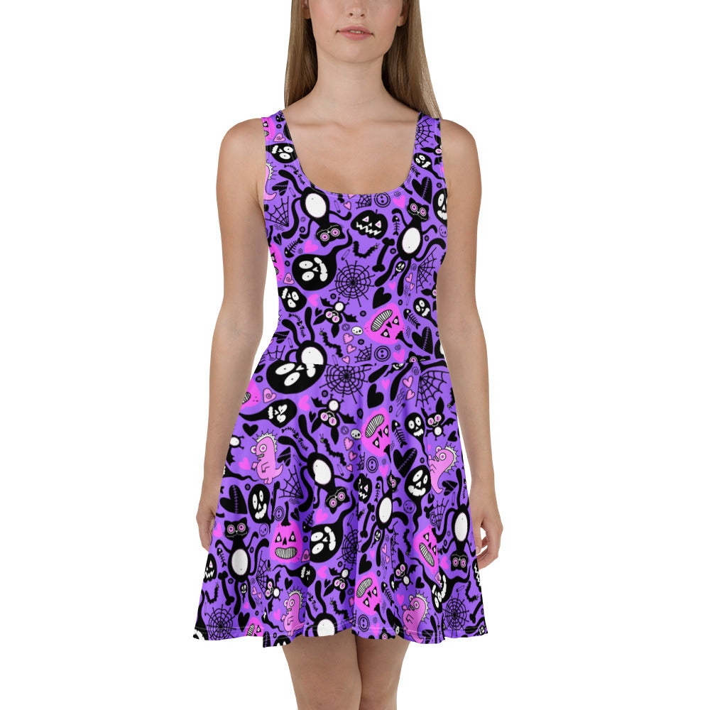 Purple Spooky Doodle Skater Dress by Designed By Debz with all-over print, front view, available in XS to 3XL sizes.