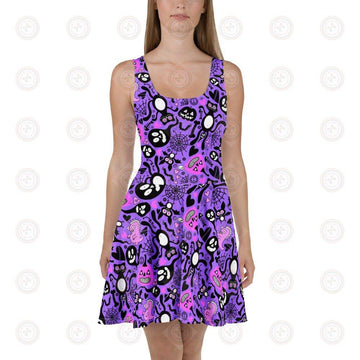 Purple Spooky Doodle Skater Dress by Designed By Debz with all-over print, front view, available in XS to 3XL sizes.