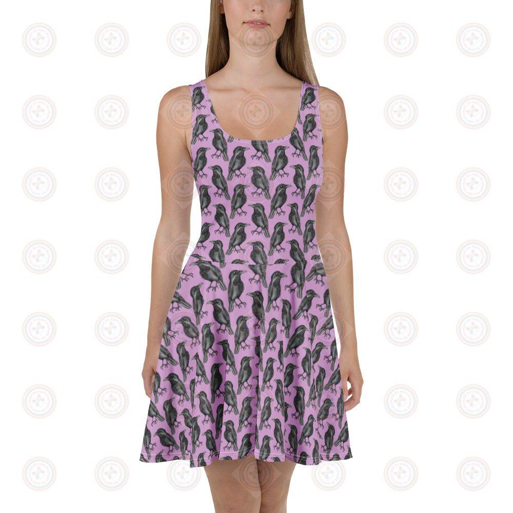 White all-over-print skater dress by A Murder of Crows featuring recycled fabric, made to order, with a flattering fit and bold design.