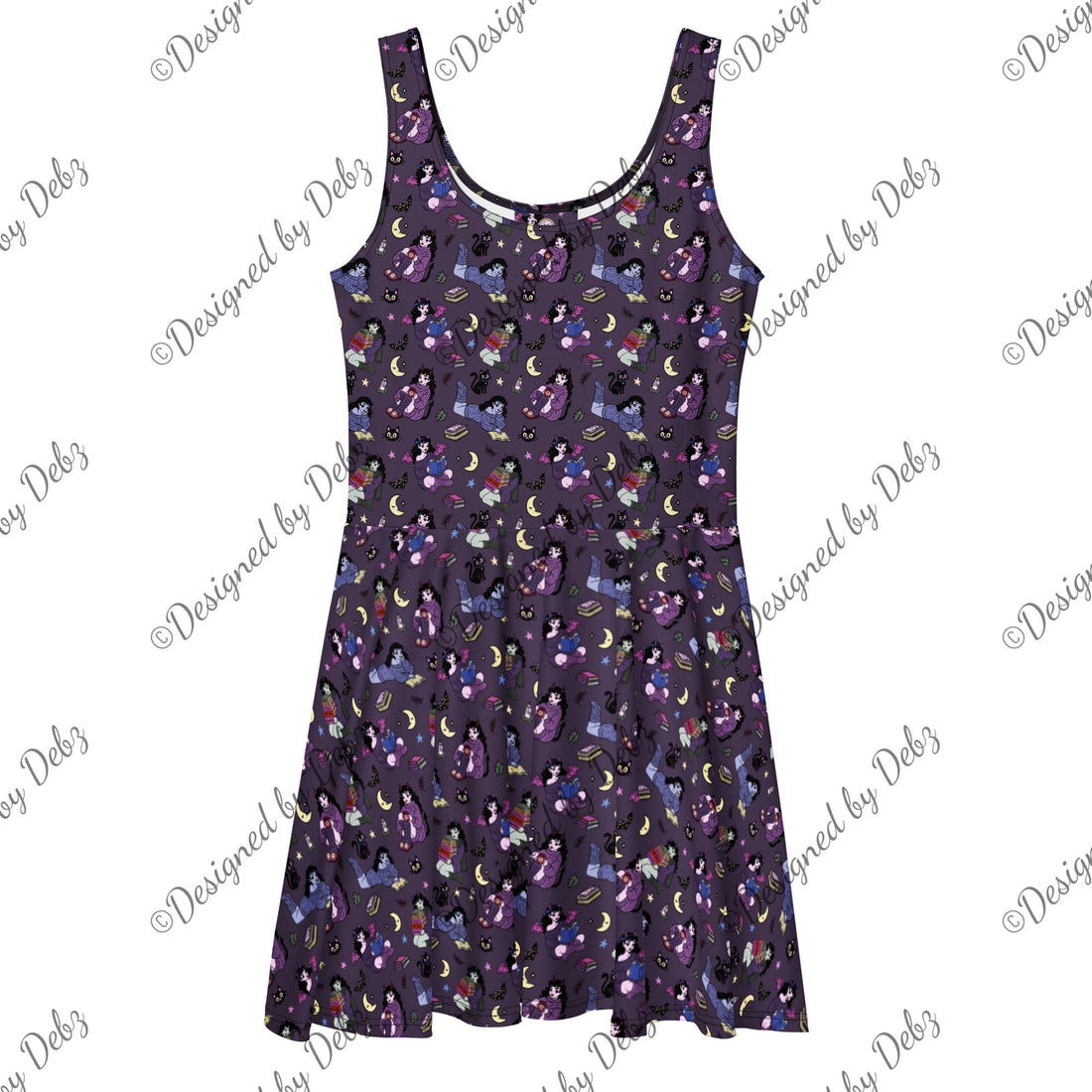 White all-over-print skater dress featuring books, bats, and cats design by Printful, with a fitted bodice and flared skirt.