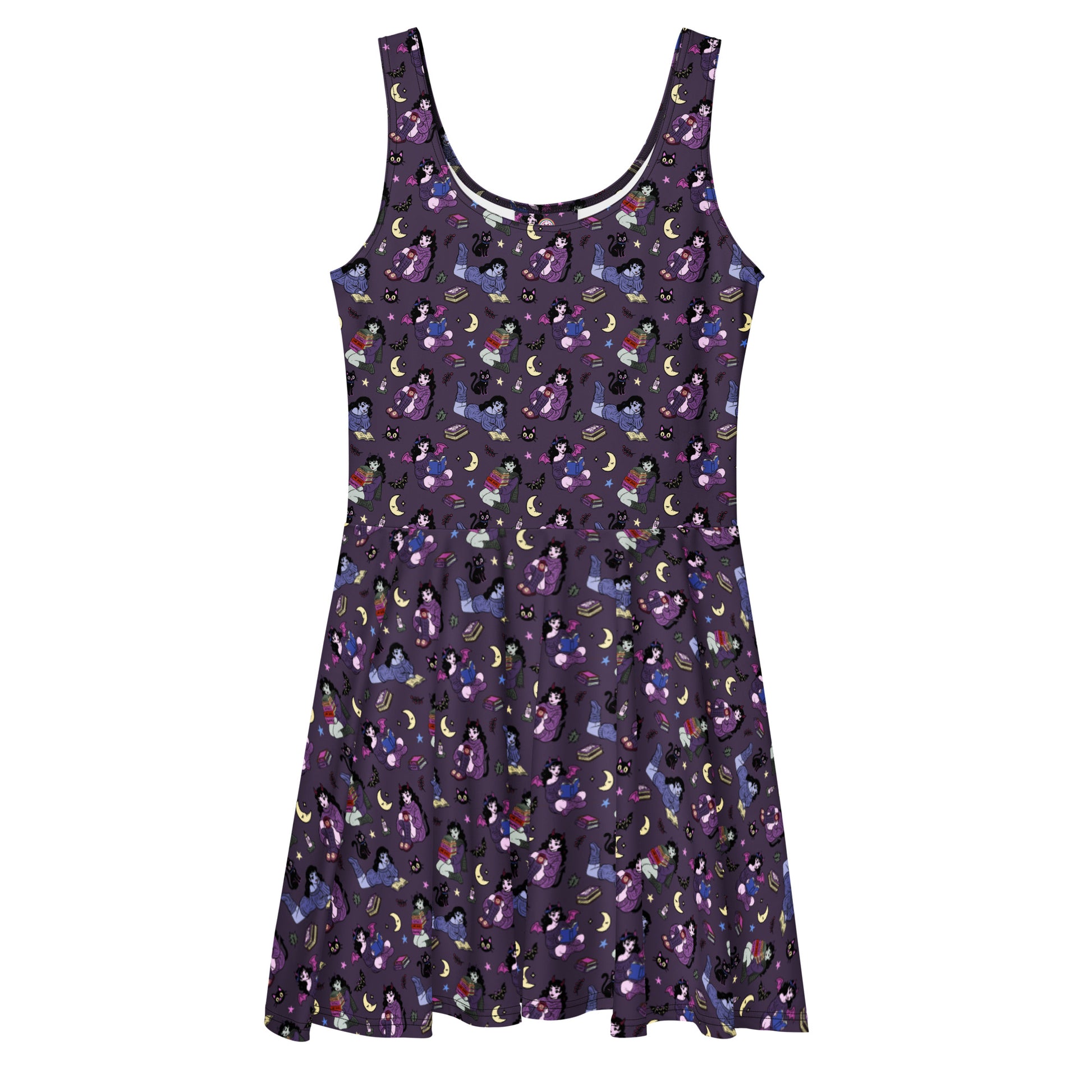 White all-over-print skater dress featuring books, bats, and cats design by Printful, with a fitted bodice and flared skirt.