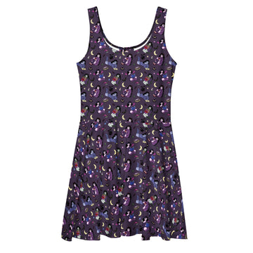 White all-over-print skater dress featuring books, bats, and cats design by Printful, with a fitted bodice and flared skirt.