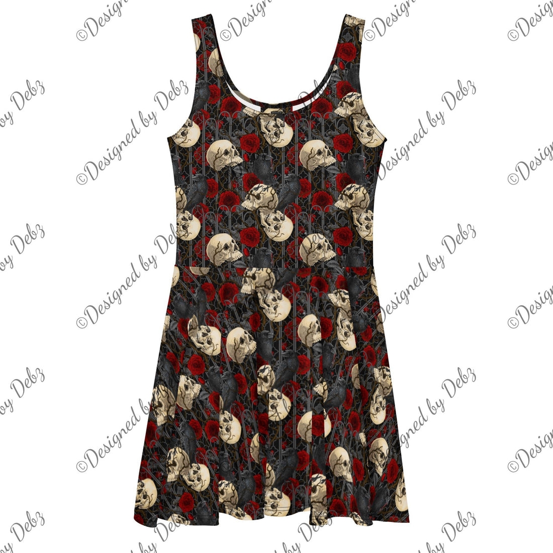 White Murder of Crows skater dress by Debz x Katerina Mitkova, featuring all-over crow print and a fitted, flared silhouette.
