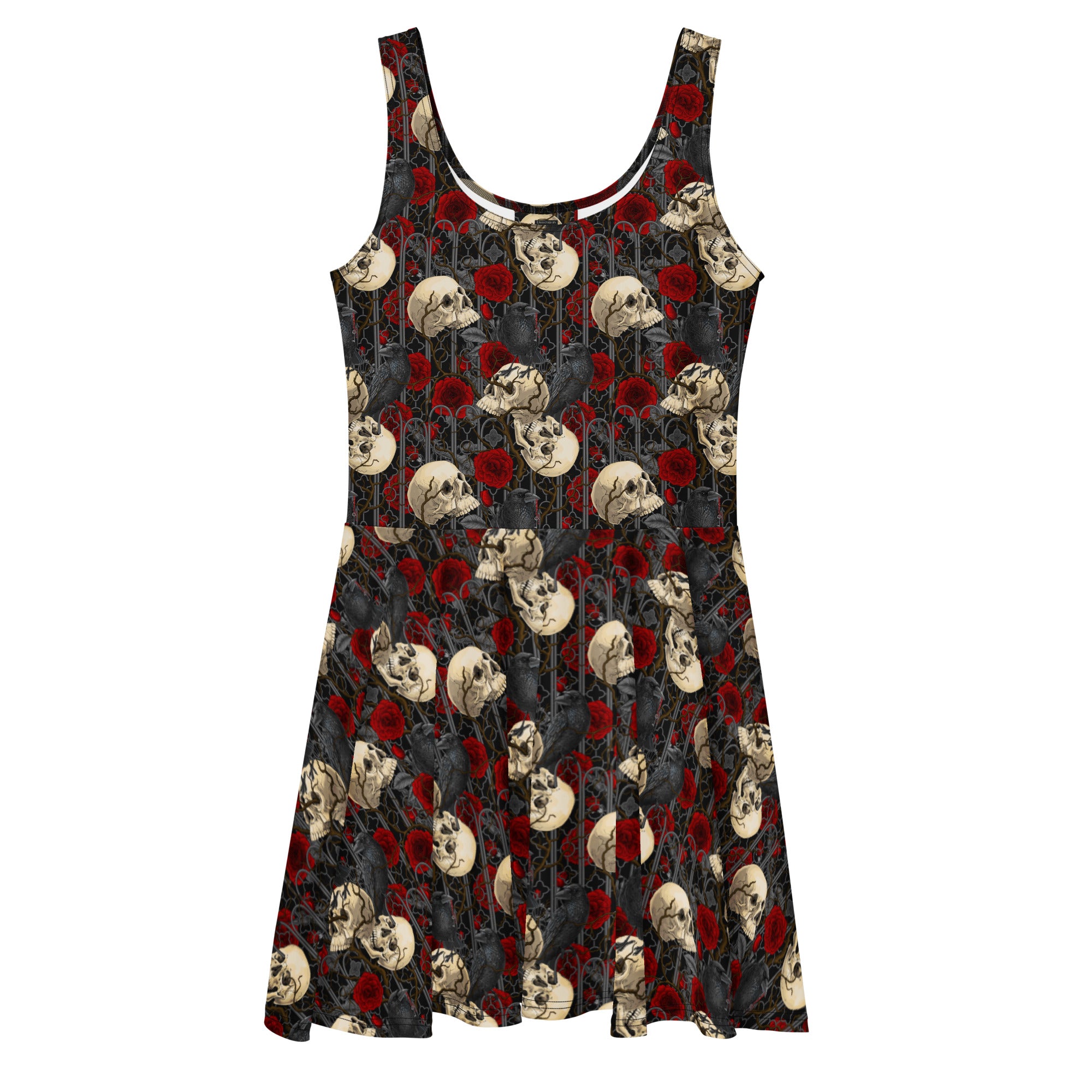 White Murder of Crows skater dress by Debz x Katerina Mitkova, featuring all-over crow print and a fitted, flared silhouette.
