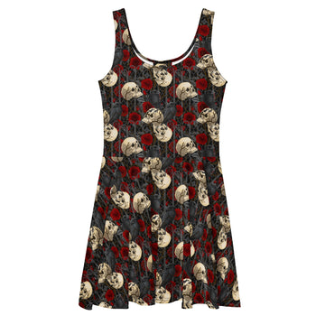 White Murder of Crows skater dress by Debz x Katerina Mitkova, featuring all-over crow print and a fitted, flared silhouette.