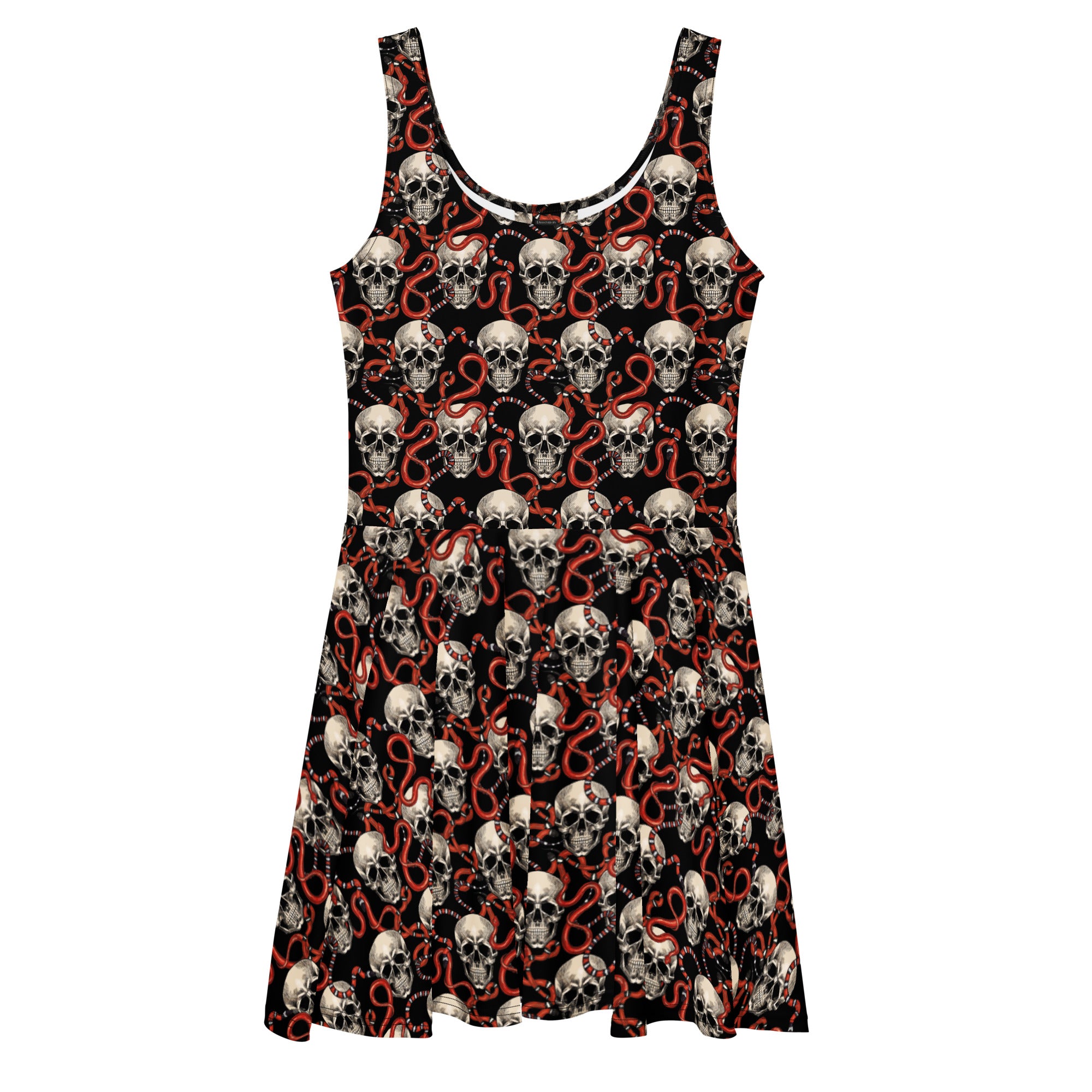 Black Gothic print skater dress with skulls and red snakes, made in Latvia, featuring all-over skull and snake design on white background.