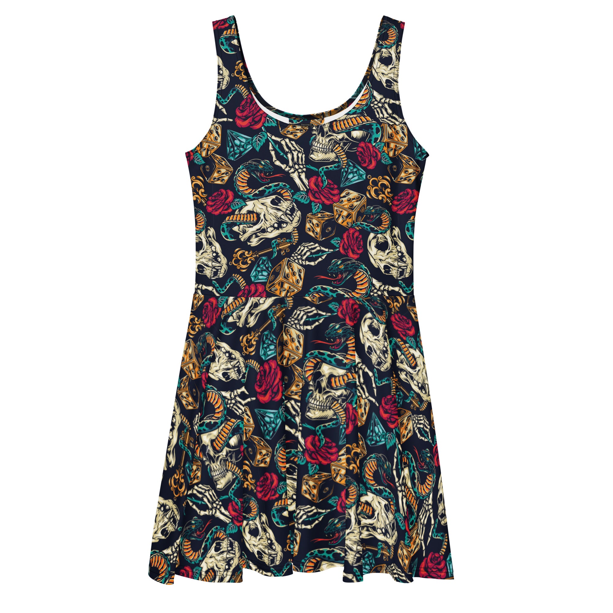 Dark navy Gothic print skater dress with skulls, roses, and snakes, made by Printful, featuring an all-over design on the front.
