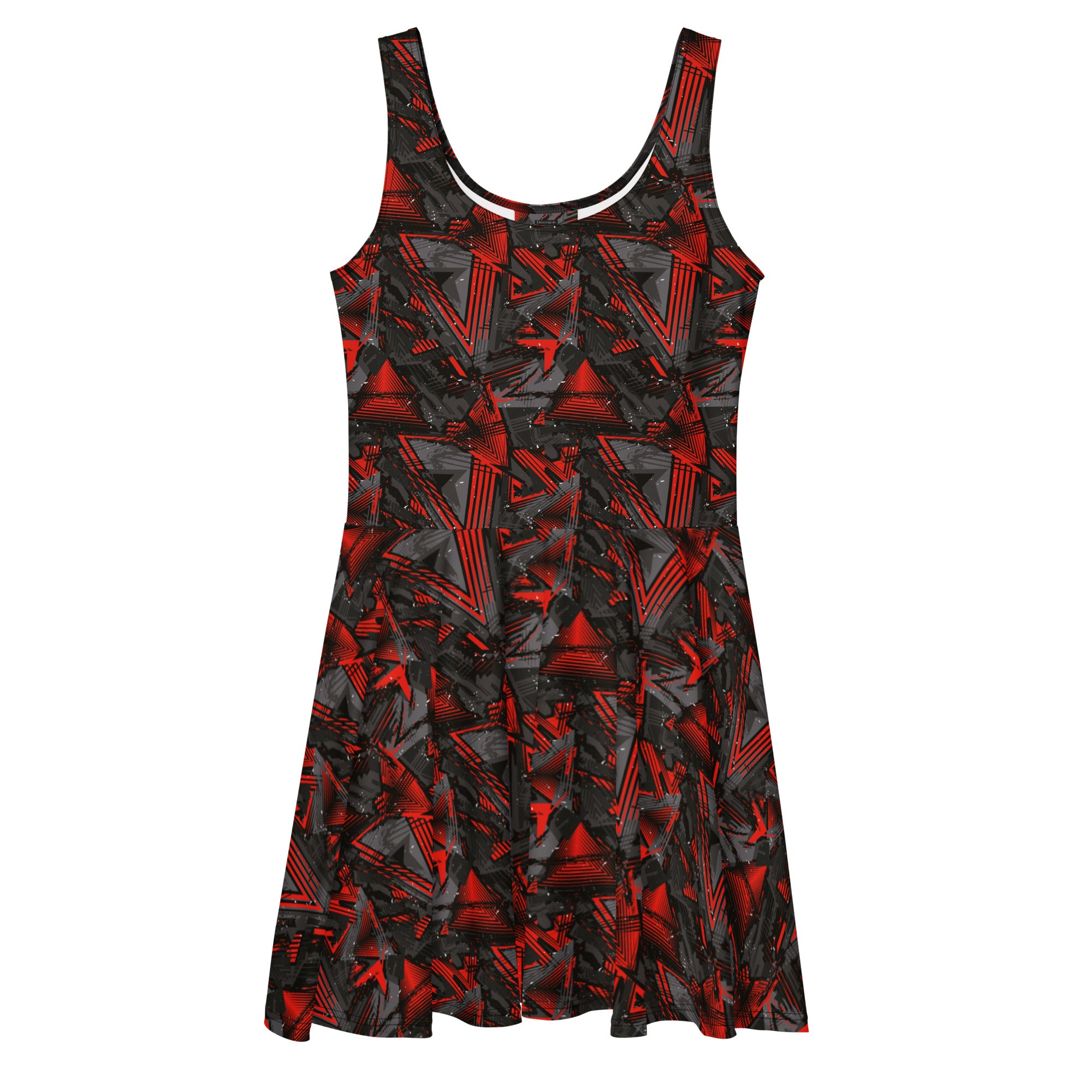 Red and black geometric abstract print skater dress by Printful, made in Latvia, shown from the front on a white background.