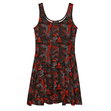 Red and black geometric abstract print skater dress by Printful, made in Latvia, shown from the front on a white background.