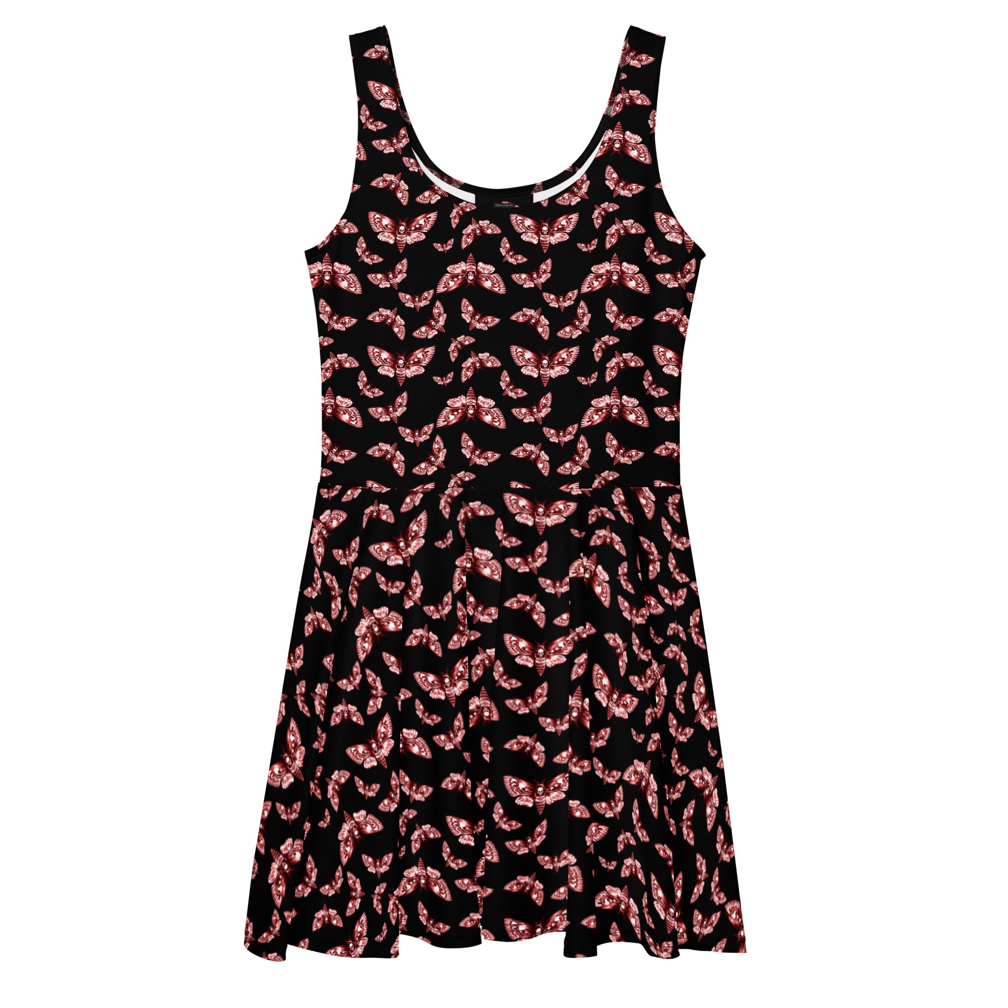 Gothic death head moth print skater dress by Printful featuring red and black design on white fabric, made in Latvia.