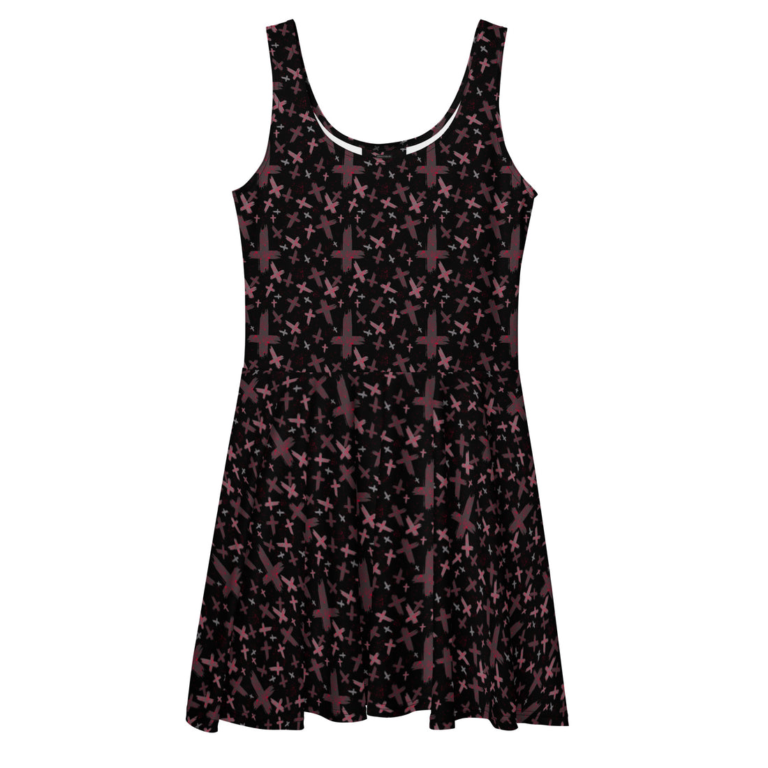 Red and black gothic print skater dress with inverted cross design, made in Latvia, featuring a stylish all-over print.