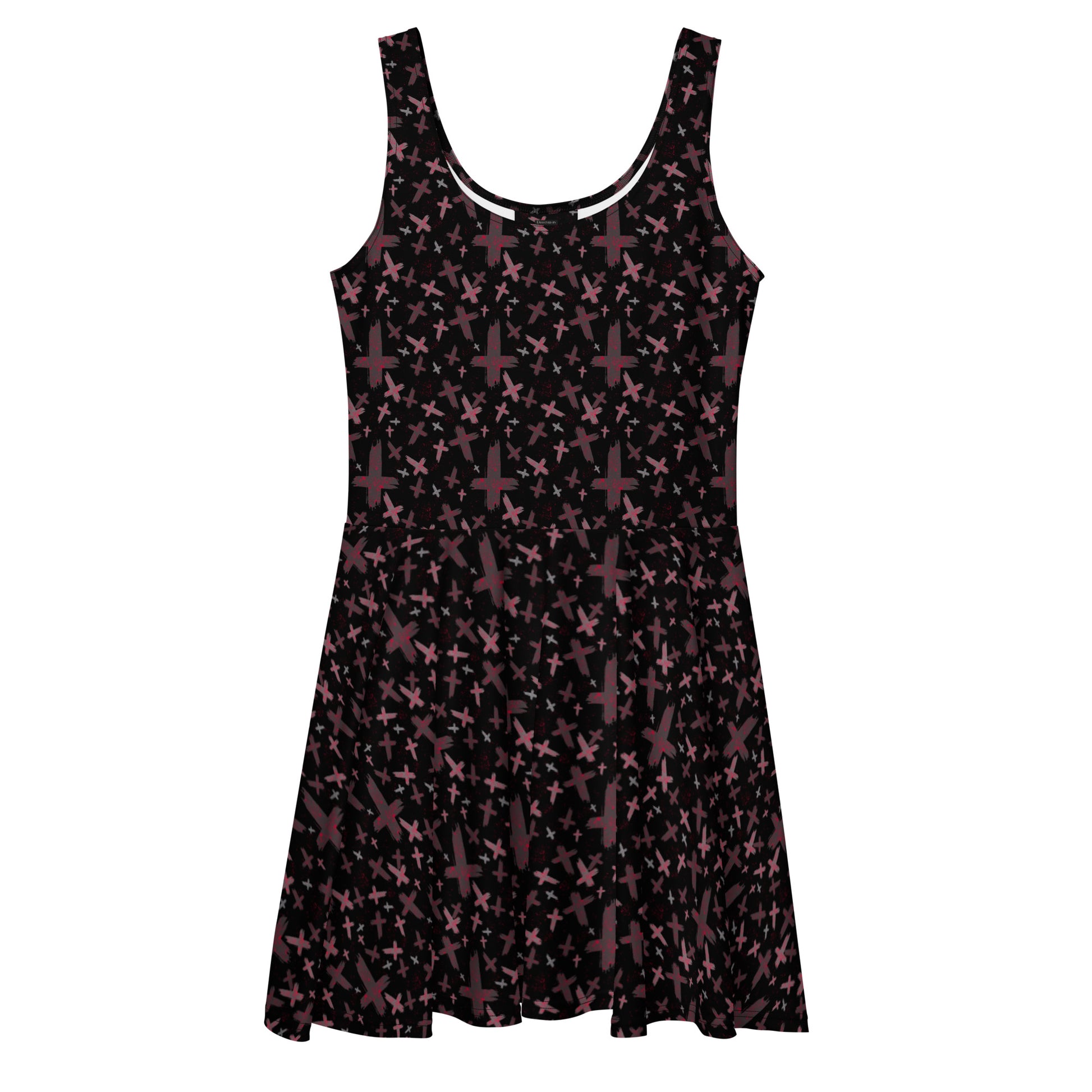 Red and black gothic print skater dress with inverted cross design, made in Latvia, featuring a stylish all-over print.