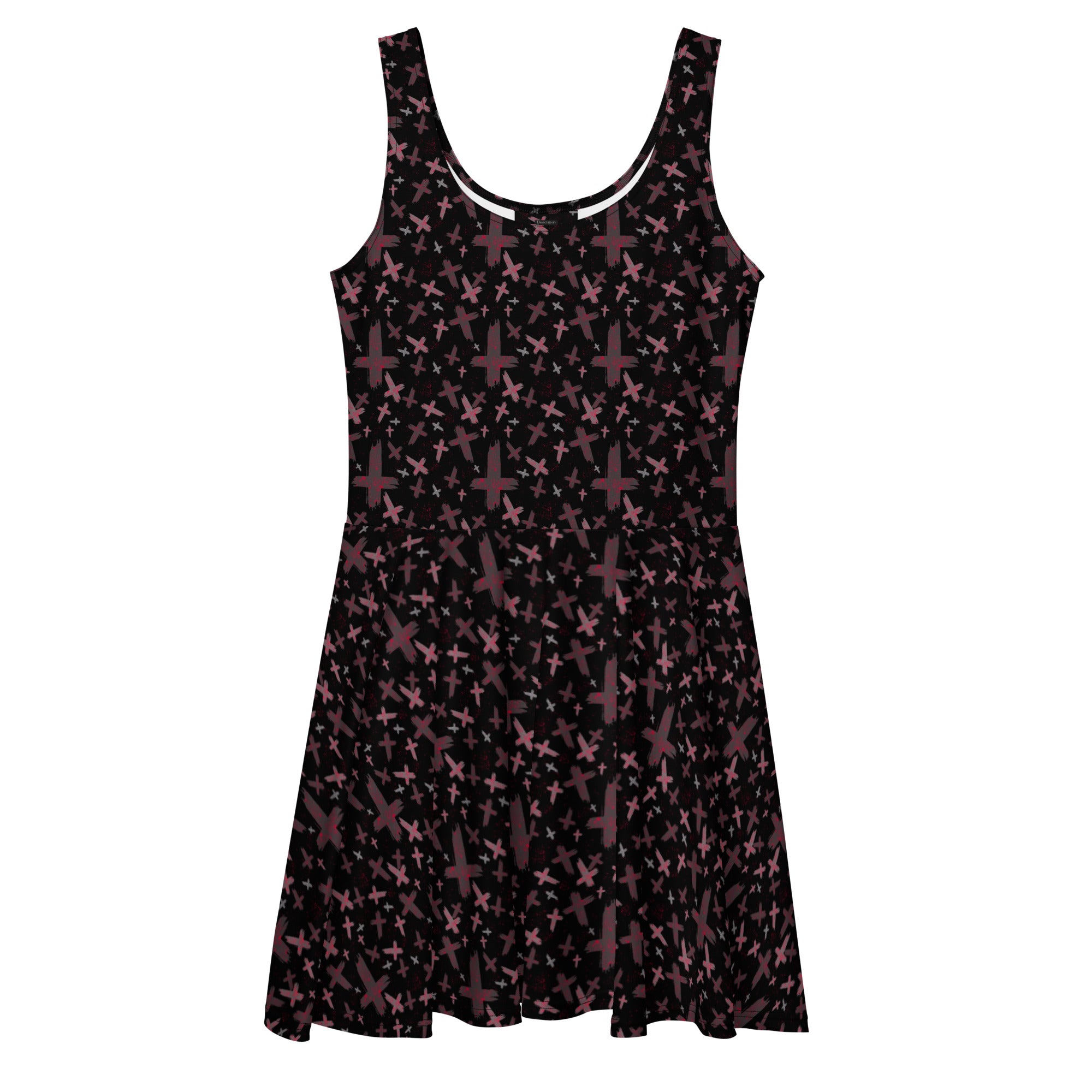 Red and black gothic print skater dress with inverted cross design, made in Latvia, featuring a stylish all-over print.
