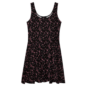 Red and black gothic print skater dress with inverted cross design, made in Latvia, featuring a stylish all-over print.
