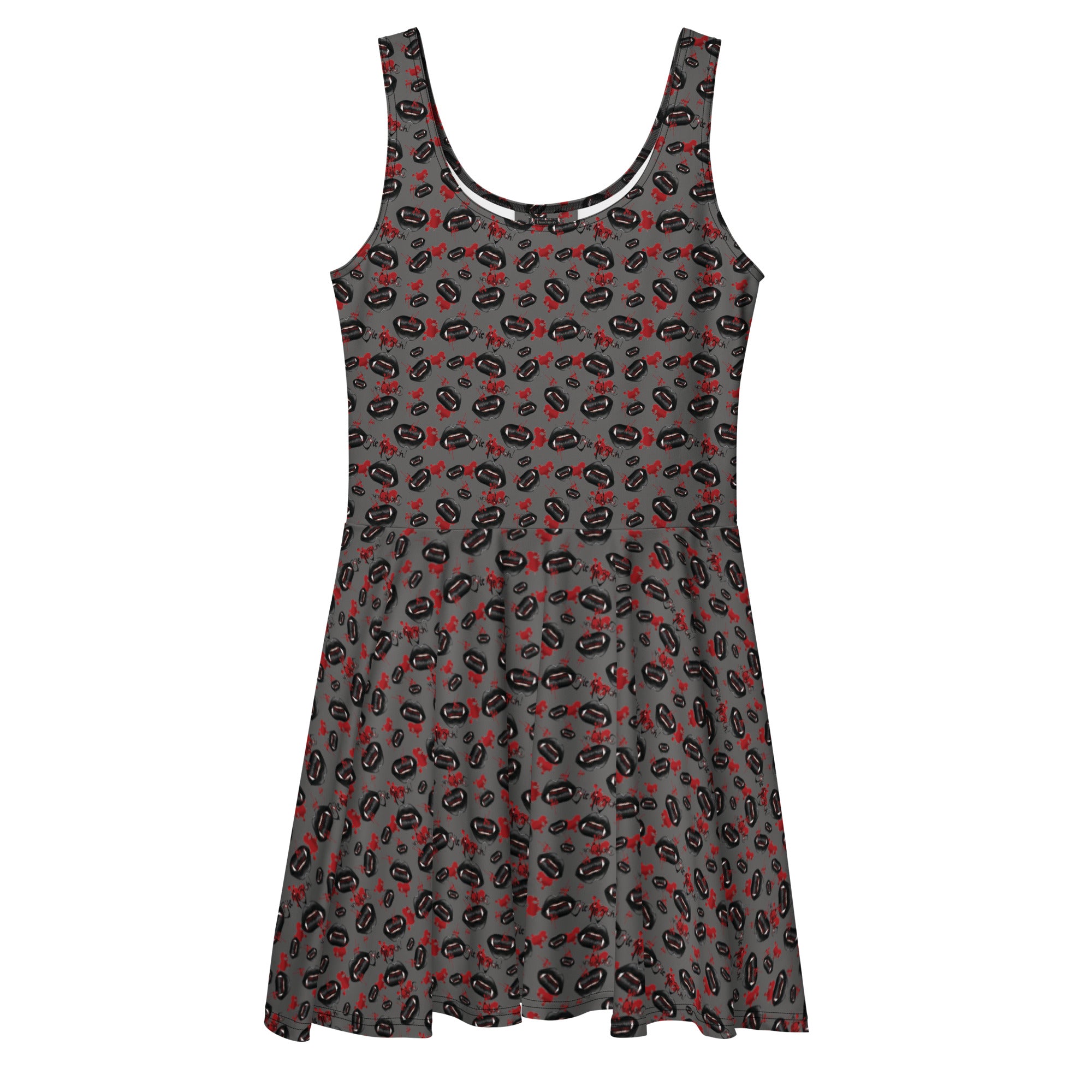 Black skater dress with Bite Me Buffy tribute print featuring lips and blood design, made in Latvia by Printful.