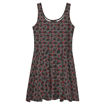 Black skater dress with Bite Me Buffy tribute print featuring lips and blood design, made in Latvia by Printful.