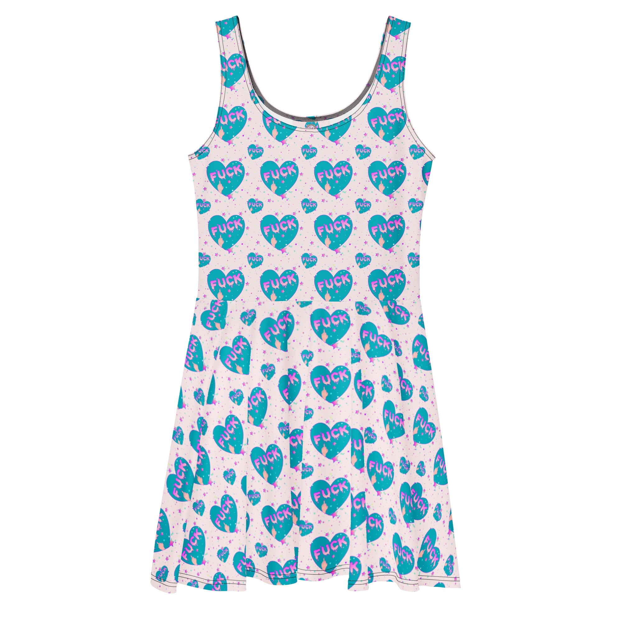 Pink and turquoise printed skater dress by Sweet F You, made in Latvia, featuring a vibrant all-over print on a white background.