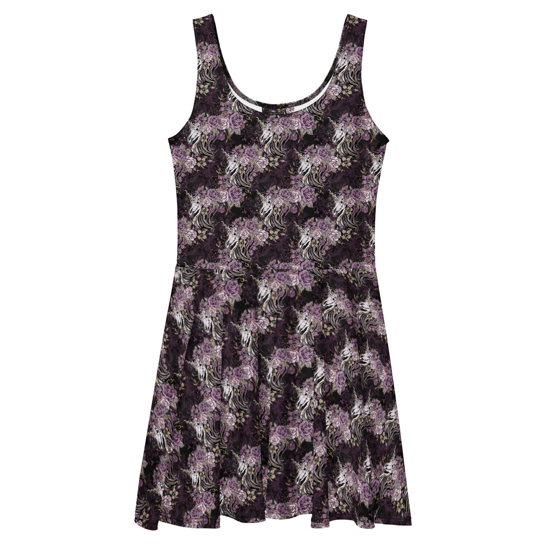 Dark purple floral unicorn skull skater dress by Printful featuring all-over print, displayed from the front view.