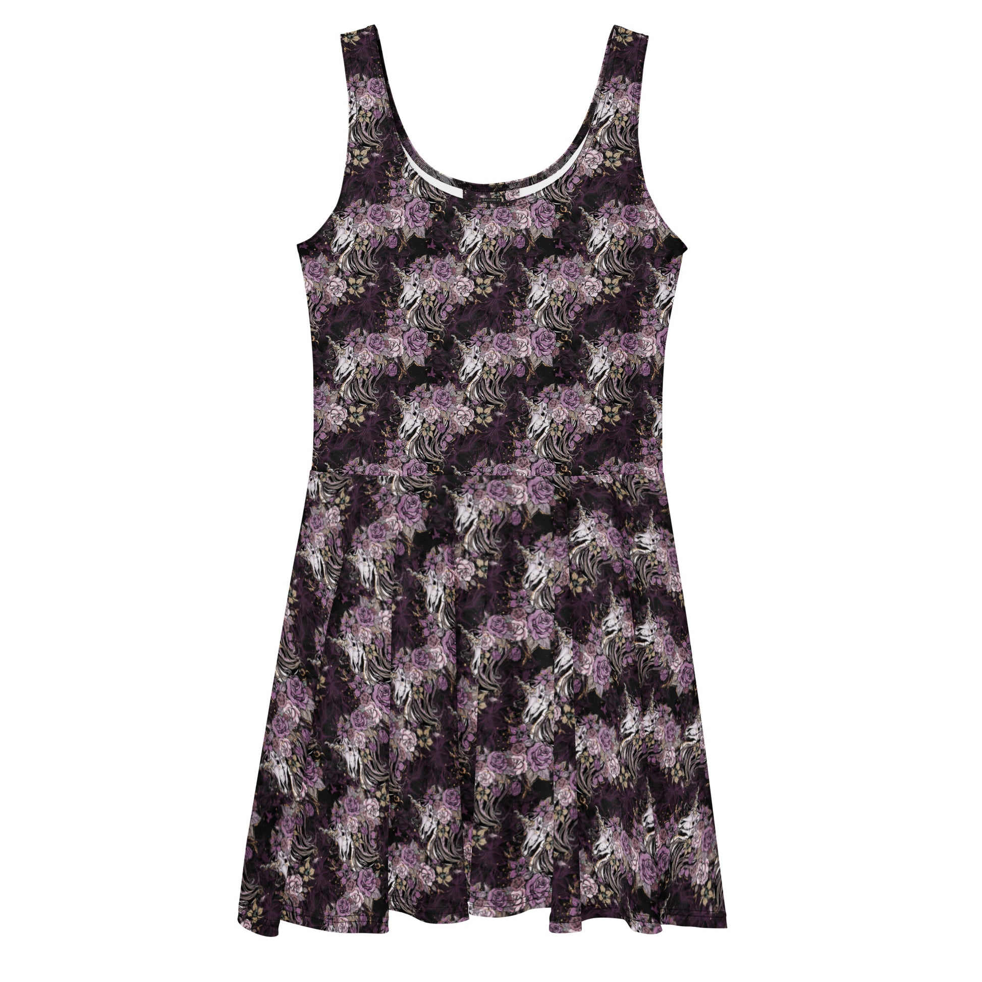 Dark purple floral unicorn skull skater dress by Printful featuring all-over print, displayed from the front view.