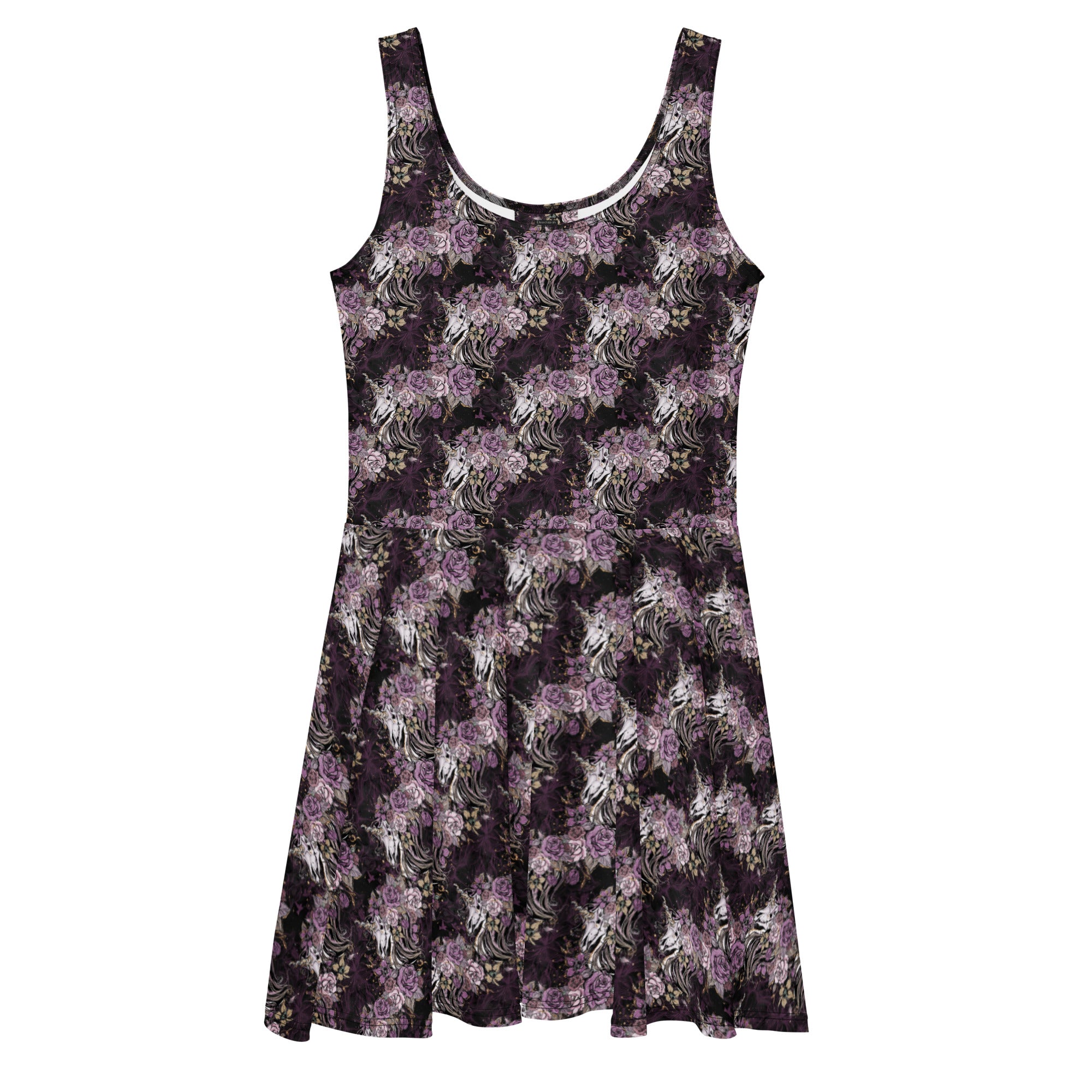 Dark purple floral unicorn skull skater dress by Printful featuring all-over print, displayed from the front view.