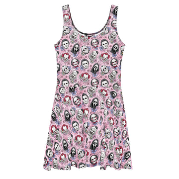 Pink and black printed skater dress featuring classic horror movie villain designs, made by Printful in Latvia.