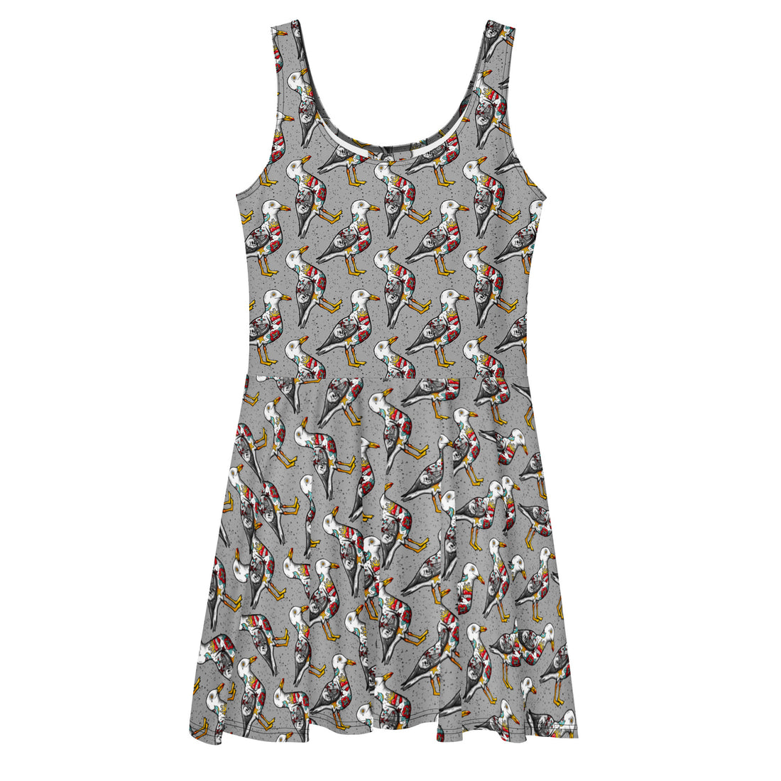 Grey Nautigul tattooed seagull print skater dress by Printful, made in Latvia, featuring an all-over seagull design on a white background.