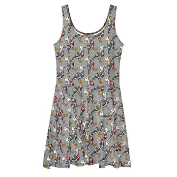 Grey Nautigul tattooed seagull print skater dress by Printful, made in Latvia, featuring an all-over seagull design on a white background.