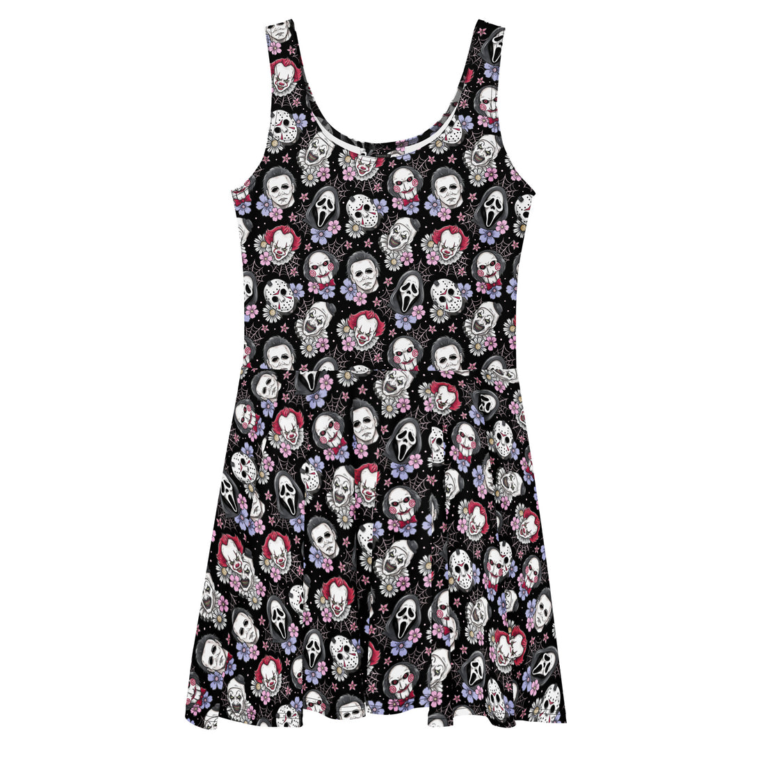 Black and pink horror movie villains skater dress with graphic print from Printful, featuring a vibrant all-over design on a white background.